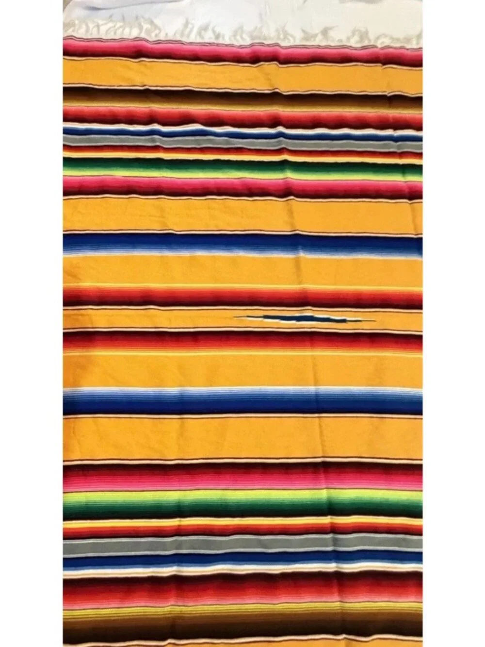 Vintage 80s Yellow Mexican Serape Blanket Colorful Stripes Boho  Fringe 82